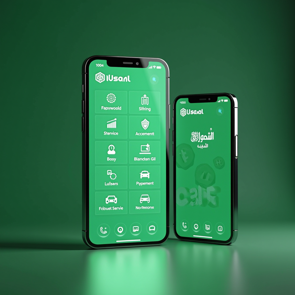 منصة الخدمات الحكومية الإلكترونية في المملكة العربية السعودية تعرض واجهة رقمية حديثة مع أيقونات الخدمات المختلفة وشاشة هاتف ذكي تظهر تطبيق حكومي بتصميم عصري باللون الأخضر الوطني