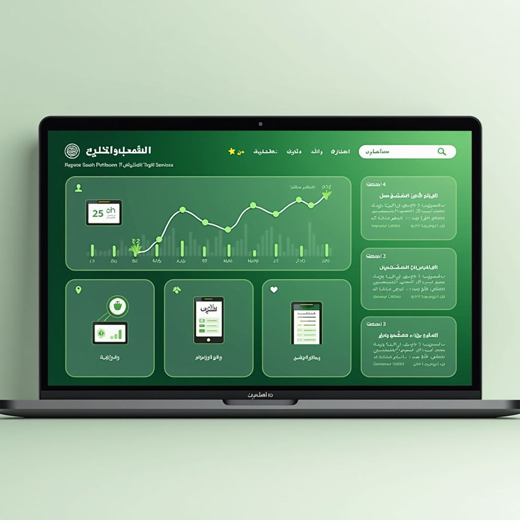 لوحة تحكم منصة الخدمات الحكومية الرقمية السعودية تعرض واجهة حديثة بنصوص عربية ولمسات خضراء تمثل الهوية الوطنية مع أيقونات الخدمات المختلفة