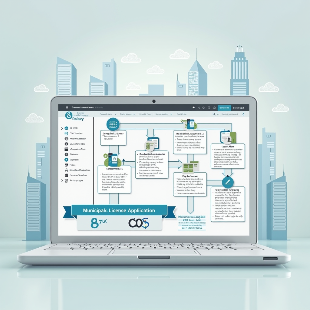 صورة توضيحية لعملية التقديم على رخصة البلدية تظهر واجهة منصة بلدي الإلكترونية مع أيقونات تمثل المستندات المطلوبة والخطوات الإجرائية، بتصميم احترافي يعكس التحول الرقمي في الخدمات البلدية السعودية