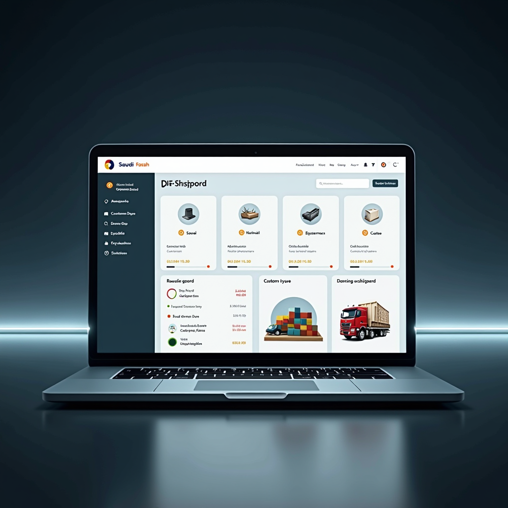واجهة منصة فسح الجمركية الإلكترونية السعودية تعرض لوحة التحكم الرئيسية مع خيارات تسجيل البضائع المستوردة ودفع الرسوم الجمركية وتتبع الشحنات