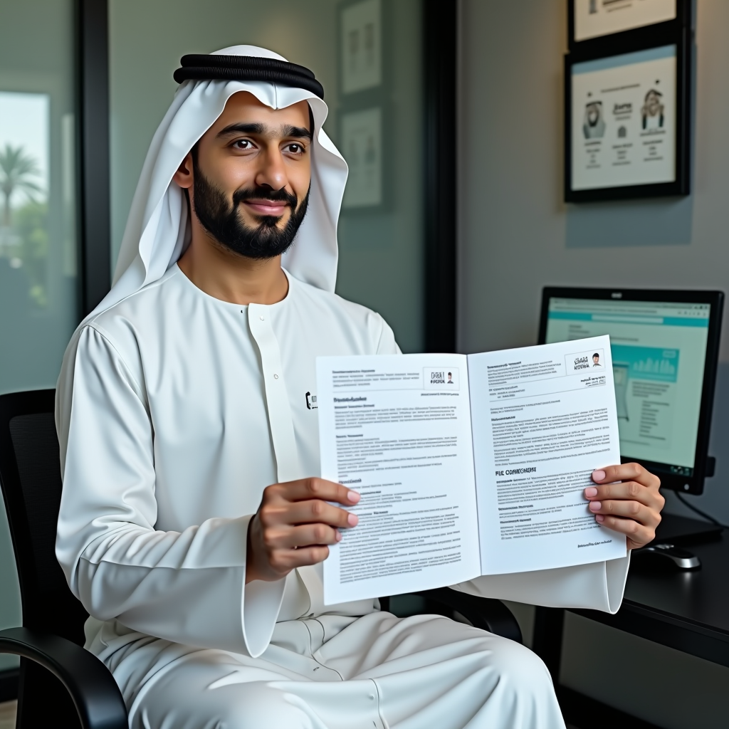 دليل تأسيس المشاريع التجارية الصغيرة في السعودية يعرض رائد أعمال سعودي شاب في مكتب حديث مع مستندات التراخيص التجارية وشاشة كمبيوتر تظهر منصة السجل التجاري الإلكتروني بتصميم احترافي