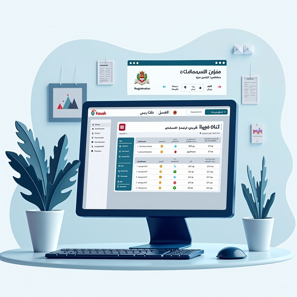 صورة توضيحية لمنصة فسح الجمركية الإلكترونية، تعرض واجهة تسجيل البضائع المستوردة وتتبع الشحنات مع أيقونات الرسوم الجمركية والإفراج